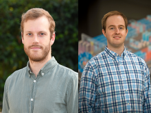 Graeme Sutcliffe (left) in a green shirt against a background of greenery and Patrick Adrian (right) in a blue checked shirt against an out of foucs schematic of the OMEGA laser facility